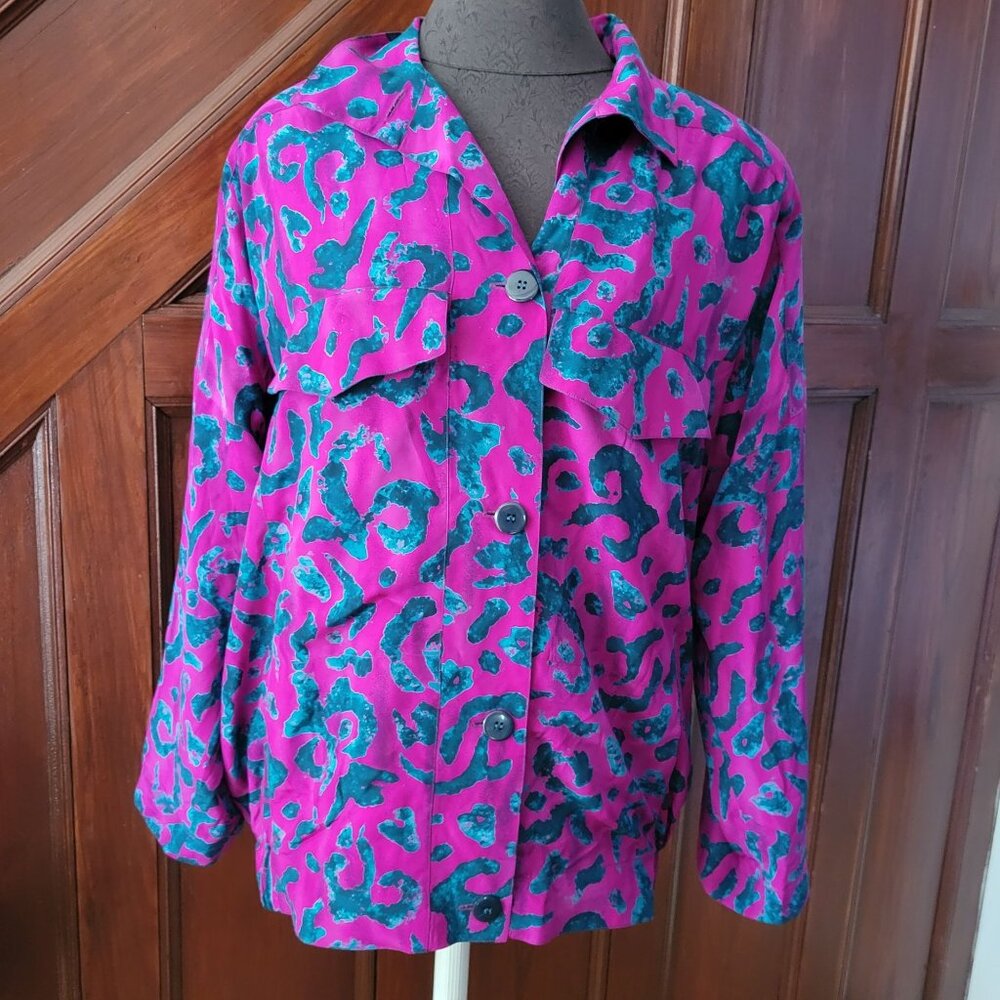 Vintage Linda Allard Ellen Tracy Silk Jacket Button-Down Pink & Teal Animal Prin